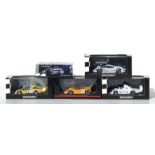 Five 1:24 scale diecast models comprising Berago, Jaguar XK 120 Roadster 1000 Miglia Shelby Cobra