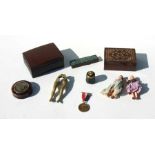 A mixed lot of collectables to include two treen boxes (a/f), a tortoiseshell snuff box with