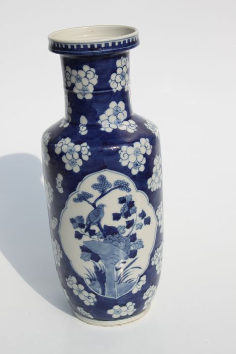 A Chinese blue & white rouleau vase decorated with birds and precious objects within panels, on a - Image 12 of 18