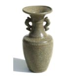 A Chinese celadon glazed crackle ware two-handled vase, four character mark to the underside,