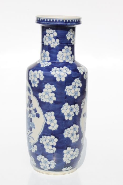 A Chinese blue & white rouleau vase decorated with birds and precious objects within panels, on a - Image 4 of 18
