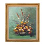 Matt Wiliquet - Still Life of Bulrushes and Flowers in a Bowl - signed lower right, oil on canvas,
