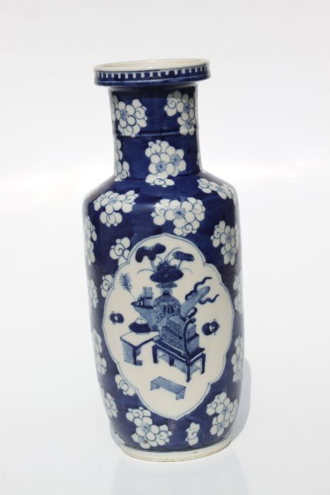 A Chinese blue & white rouleau vase decorated with birds and precious objects within panels, on a - Image 5 of 18