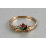 A 9ct gold diamond, ruby, sapphire and emerald set dress ring, weight 1.8g, approx UK size 'W'.