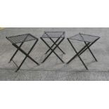 A set of three French wrought iron folding garden stools with lattice seats (3).
