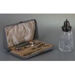 A boxed silver manicure set, Birmingham 1938; together with a cut glass silver plate mounted sugar