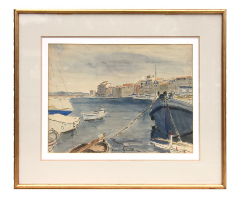 Marc Aynard (1898-1983) - French Harbour Scene - pen & ink & watercolour, signed, framed & glazed,