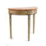 A painted and gilt wood demi-lune console table with faux marble top, on square tapering legs, 87cms