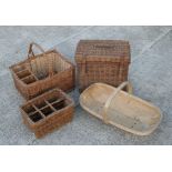 A wicker picnic hamper with leather straps; together with a wicker picnic basket with carrying