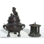 A Japanese bronze censer with two elephant mask handles and fo dog finial, on tripod legs, 15cms