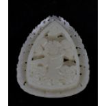 A Chinese jade / hardstone pierced pendant with central figure amongst scrolling foliage, 6cms