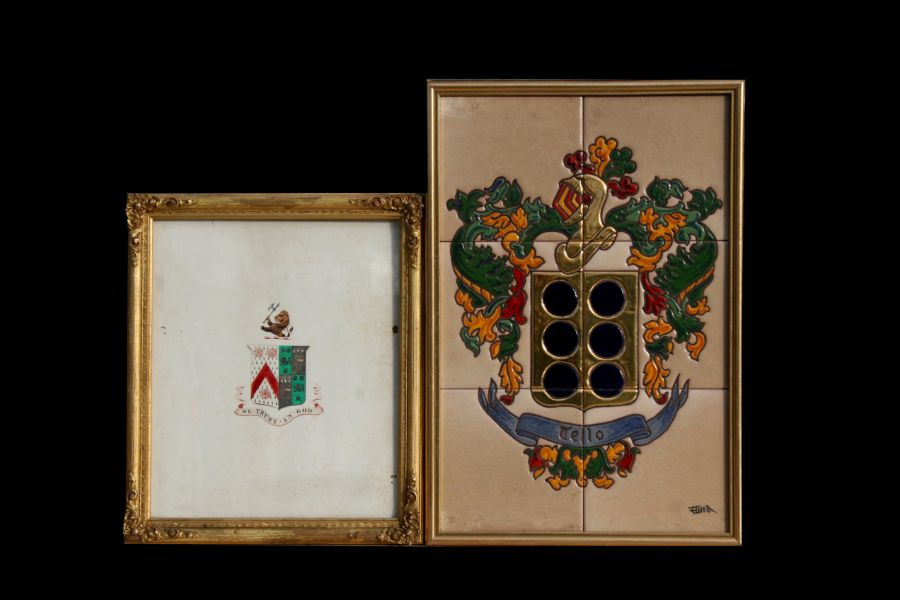 English school - We Trust in God - an armorial, watercolour, framed & glazed, 25 by 30cms;