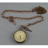 A silver cased open faced pocket watch, the white enamel dial with Roman numerals and subsidiary