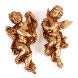 A pair of gilt plaster cherub wall plaques, 31cms high.