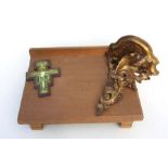 A Rococo style giltwood wall bracket, 24cms high; together with an oak bookstand and a crucifix (