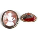 A 9ct gold mounted moss agate brooch; together with a 19th century cameo brooch (2).