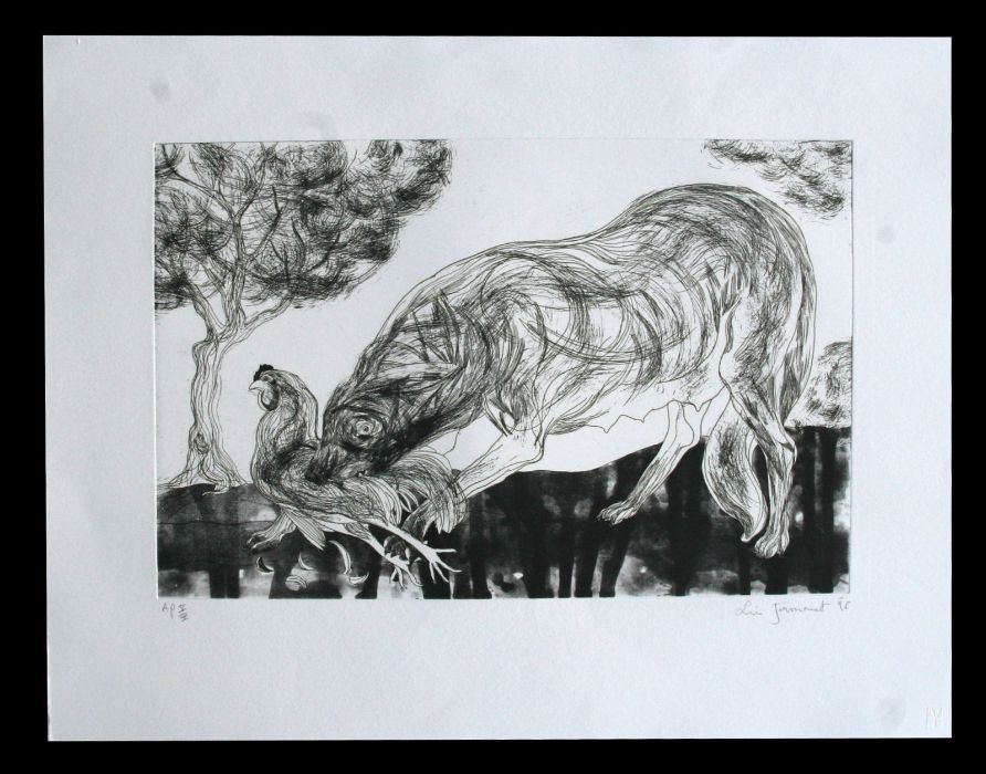 Lin Jammet (1958-2017) - Stylised Study of A Cockerel and a She Wolf - artist's proof, numbered 5/5, - Image 3 of 3