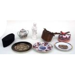 A Japanese copper water pourer, a Chinese blanc de chine figure and other items