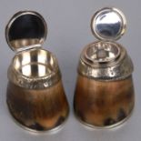 Taxidermy. A pair of silver plated mounted horse hoofs, inkwell and snuff box, 7cms high (2).