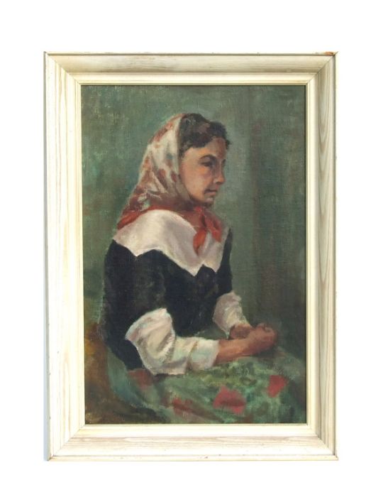 (early 20th century British) - Caroline - a half length portrait of a seated lady wearing a scarf,