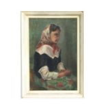 (early 20th century British) - Caroline - a half length portrait of a seated lady wearing a scarf,