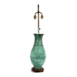 A Chinese patinated bronze vase form table lamp, overall 77cms high.