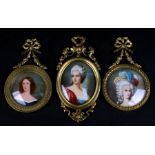 Three 18th century style portrait miniatures depicting young ladies, all in gilt metal frames,