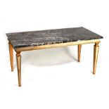 A French Empire style occasional table, the grey figured rectangular marble top on gilt and