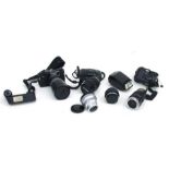 A quantity of assorted camera equipment to include Olympus, OM-2 camera, other Olympus cameras and