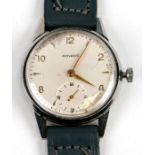 A Movado stainless steel gentleman's wristwatch, the white dial with Arabic numerals and baton