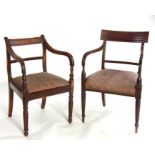 An early 19th century mahogany elbow chair with upholstered seat, on turned legs; together with