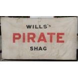 A large Will's Pirate Shag advertising banner laid on canvas.