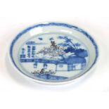 A Chinese blue & white shallow dish decorated with figures in a garden with calligraphy, eight