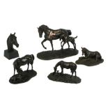 A group of bronzed resin models depicting horses, the largest 26cms high (5).