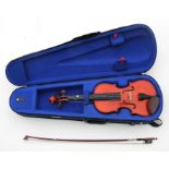 A Stentor Student I two-piece back violin, overall approx 55cms, cased, with bow.