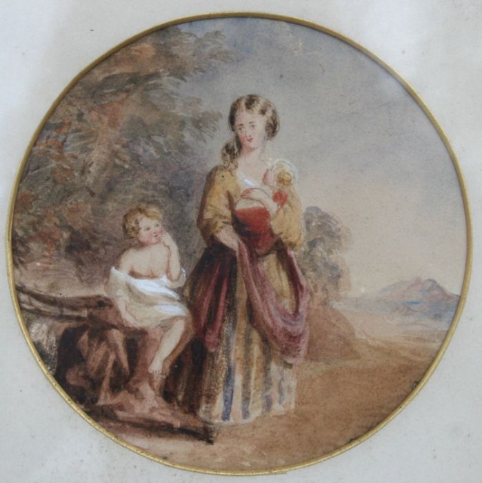 Late 18th / early 19th century English school - a pair of circular watercolours depicting young - Image 3 of 6