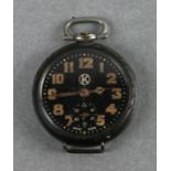 A WWI trench wristwatch adapted from a small pocket watch, the black dial with luminous Arabic