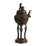 A Japanese patinated bronze censer and cover on stand, 20cms high. (a/f)