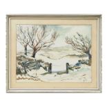 I C Oinn - Snowy Winter Scene - watercolour, framed & glazed, City of London Exhibition label to