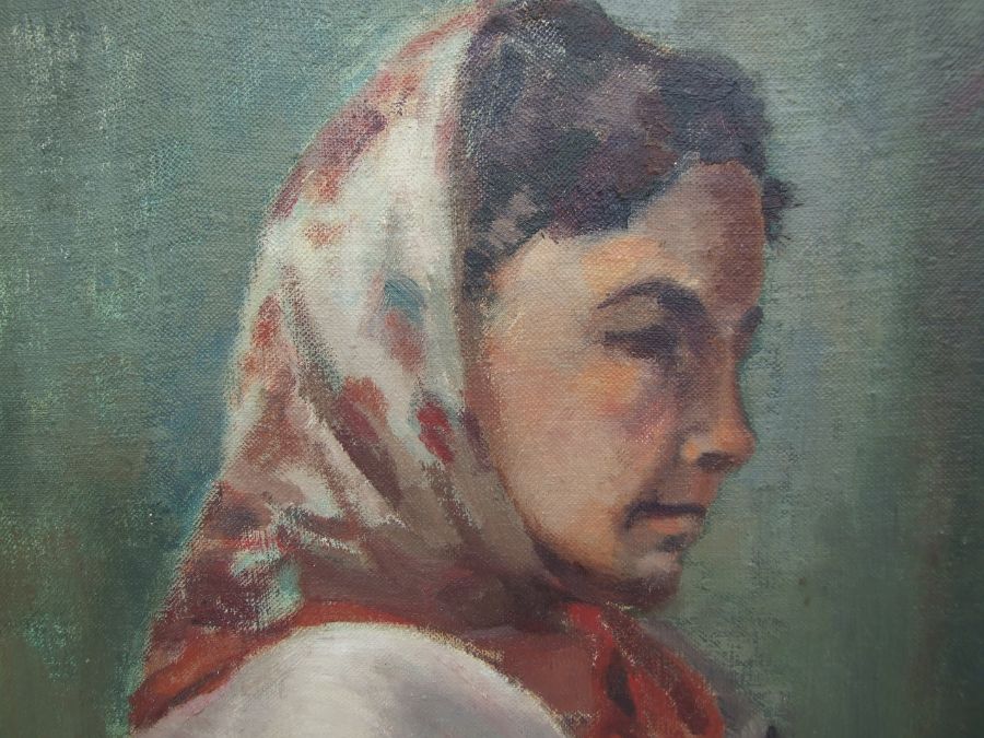 (early 20th century British) - Caroline - a half length portrait of a seated lady wearing a scarf, - Image 7 of 7