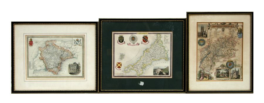 Three 19th century hand tinted maps of Devonshire, Gloucestershire and Cornwall, each with