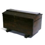 A large dome top teak trunk with hinged fall-front, 108cms wide.