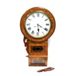 A Victorian inlaid walnut cased drop dial wall clock, the white painted dial with Roman numerals,