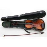 A two-piece back Skylark violin, cased, with bow, overall 56cms.
