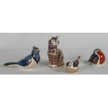 A group of Royal Crown Derby paperweights to include a Bluejay, Robin, Goldcrest and Seated Cat, all