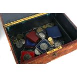 A quantity of proof and loose coinage in a Victorian leather box with Bramah lock.