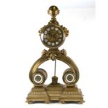 An impressive gilt brass mantle clock, the brass dial with enamel Roman numerals, with barometer and