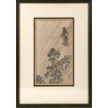A Chinese pen & ink drawing on silk depicting birds in trees, signed and red seal mark lower