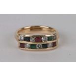 A 14ct gold diamond, emerald, ruby and sapphire dress ring, 5g, approx UK size 'L'.