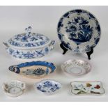 A Meissen Onion pattern tureen and cover; together with a Delft blue & white plate; and other
